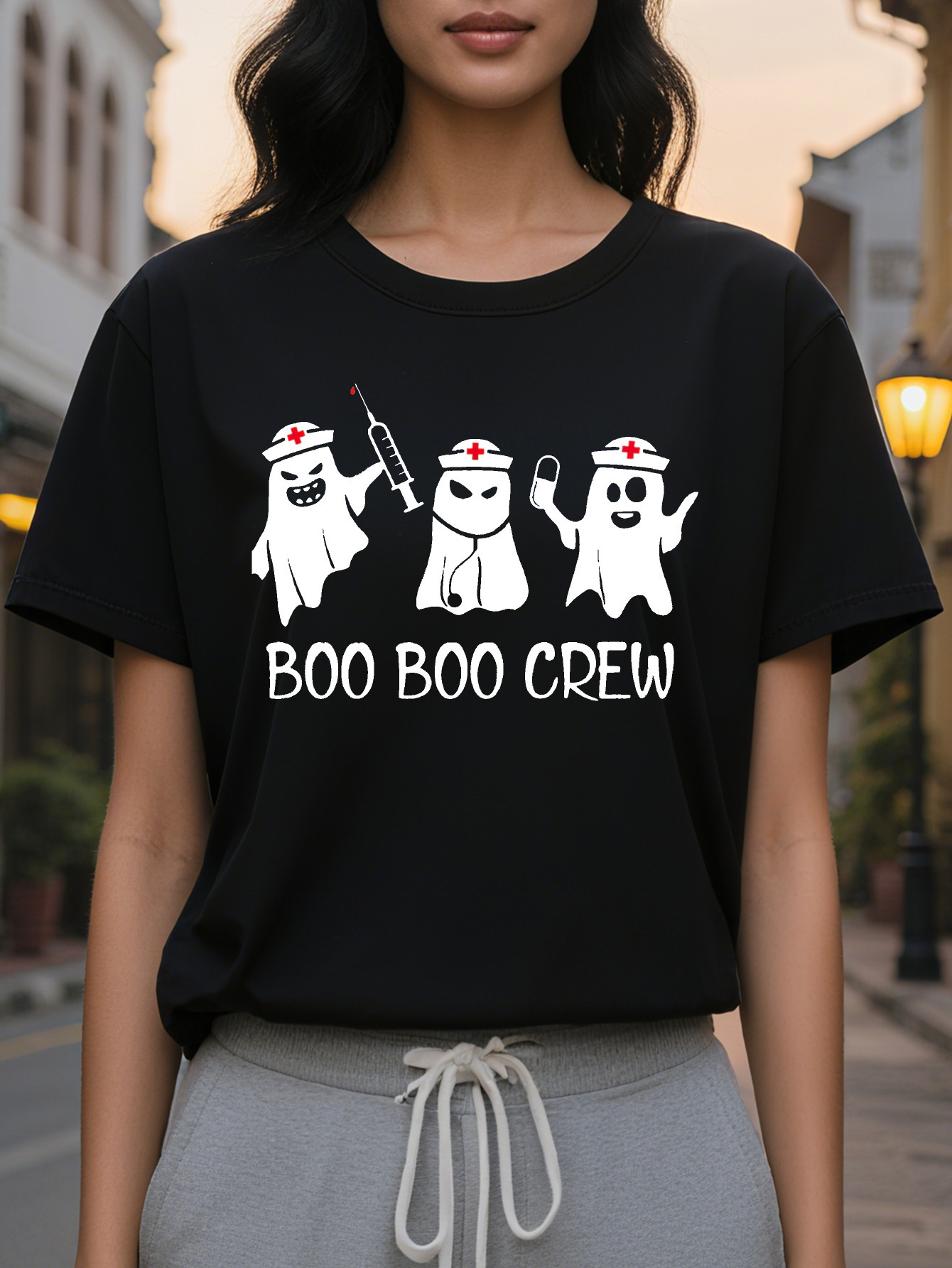 Large XL Women S Nurse Graphic T-Shirt Playful Ghosts BOO Slogan Print Soft Round Neck Tee for SpringSummer Comfortable Plus Size