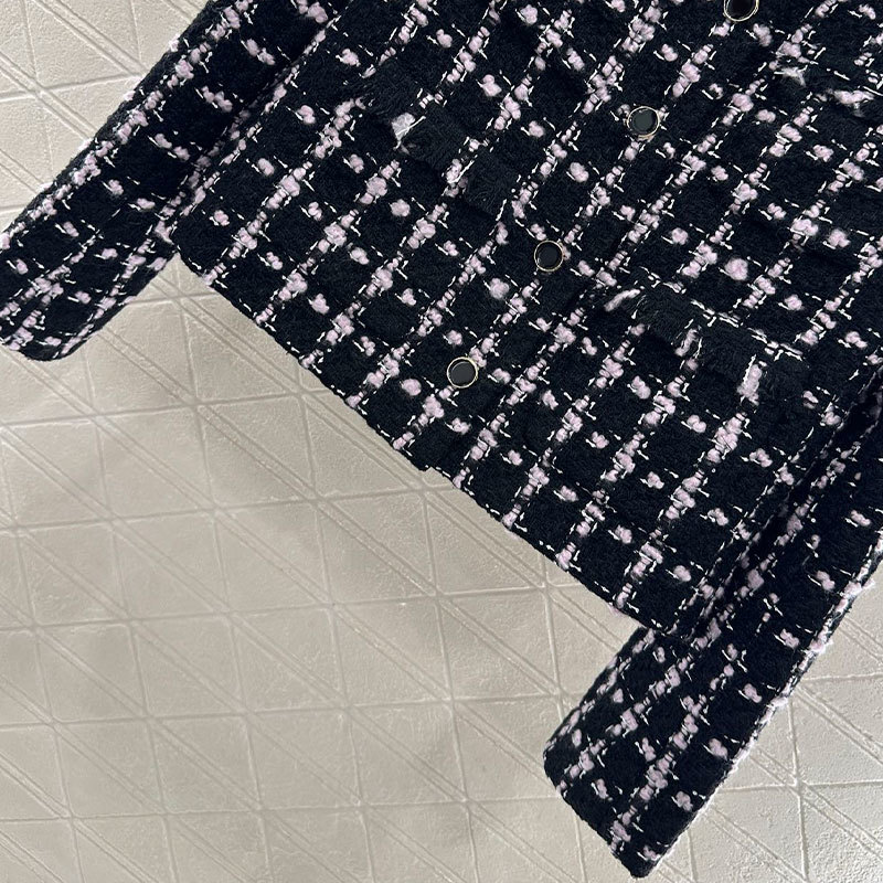 Luxury Retro Ladies Black Tweed Check Stripe Coat, Round Neck Button Down Oversized Wool Blend Jacket Fringe Detail Elegant Clothing S0910