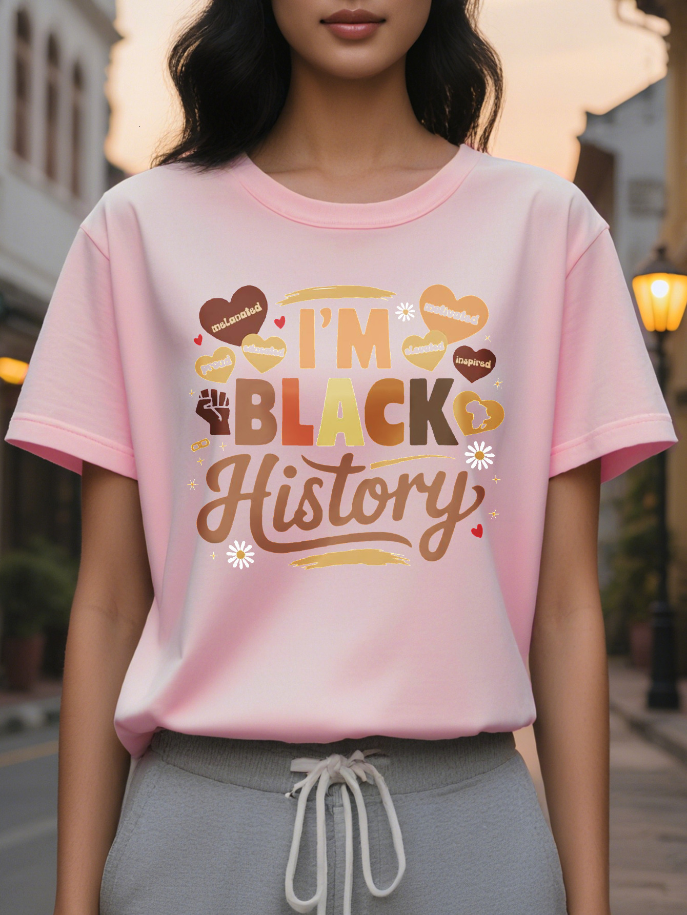 Women's Historic T-Shirt Short Sleeve Crew Neck Casual Top with I'm Black History Design Vibrant Illustrations
