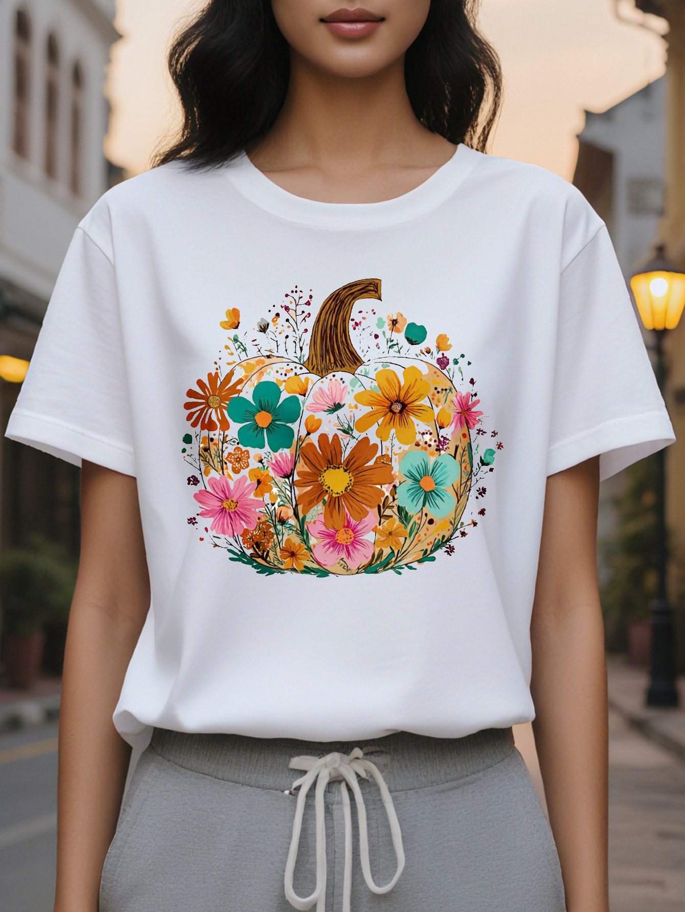 T Shirt Beige Background with Floral Pumpkin Soft Neck Casual Everyday Party Top for Autumn Year Round Wear