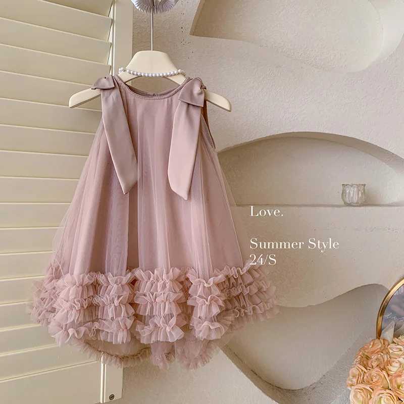 2024 Summer Korean Girls New Sleeveless Bow Solid Color Sweet and Gentle Princess Dress Childrens Trend Z250904