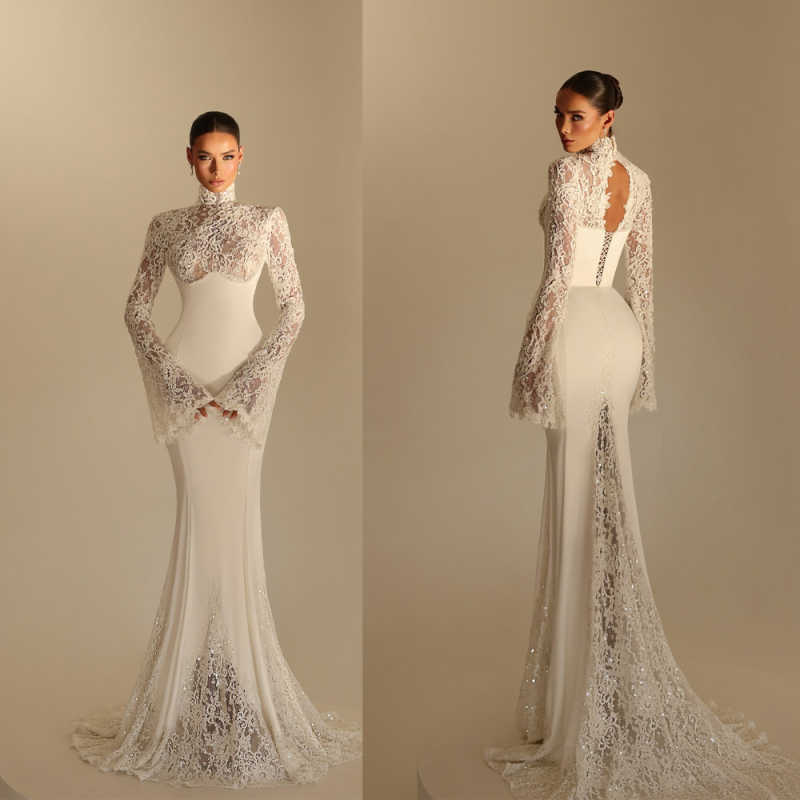 Romantic Mermaid Customized Lace Long Sleeves High Neck Side Slit Wedding Dresses Backless Bride Dress Vestido De Noiva