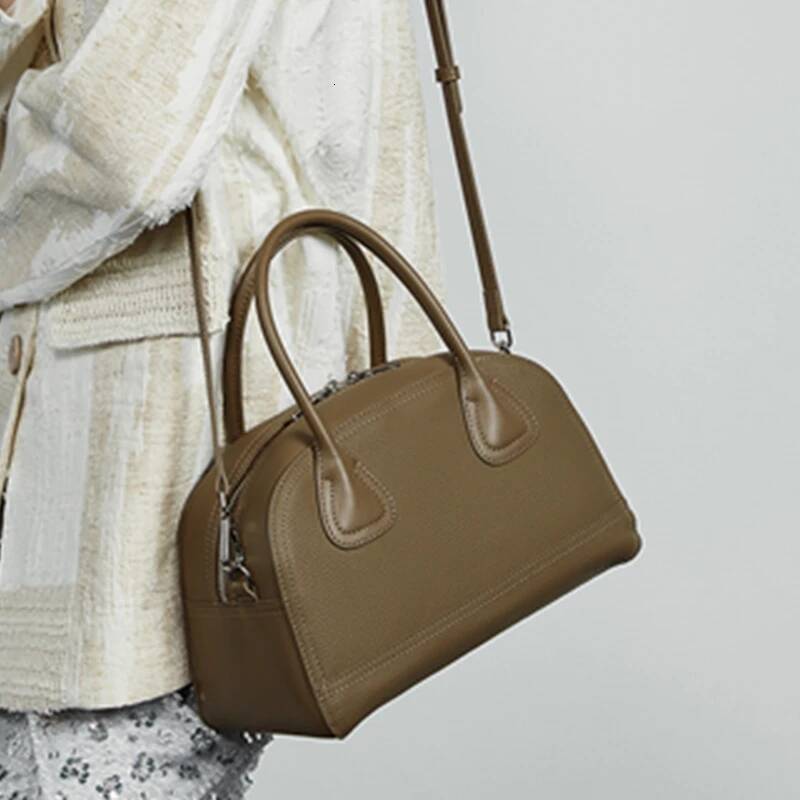 Burminsa Cowhide Genuine Leather Bowling Tote Handbags For Women 2025 Trend Designer Shell Work Ladies Shoulder Crossbody Bags