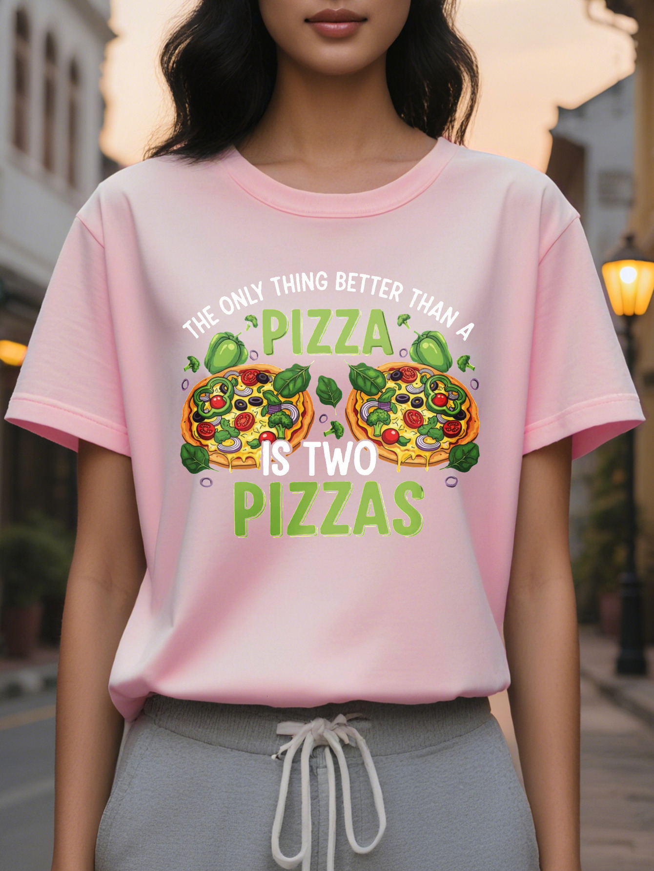Women's Fun Lover T-shirt Pizza is my love language Two pizzas with pepperoni vegetable design Casual round