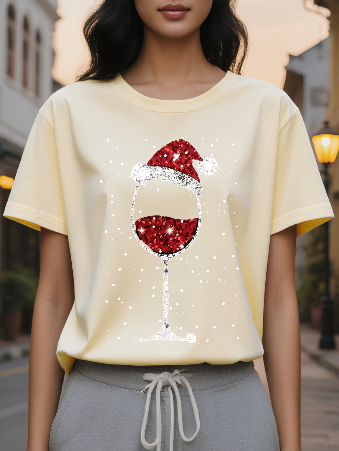 Large XL Christmas Wine Glass Santa Hat Pattern Print Round Neck T-Shirt Spring and Autumn Casual Tops Women's Clothing Plus Size