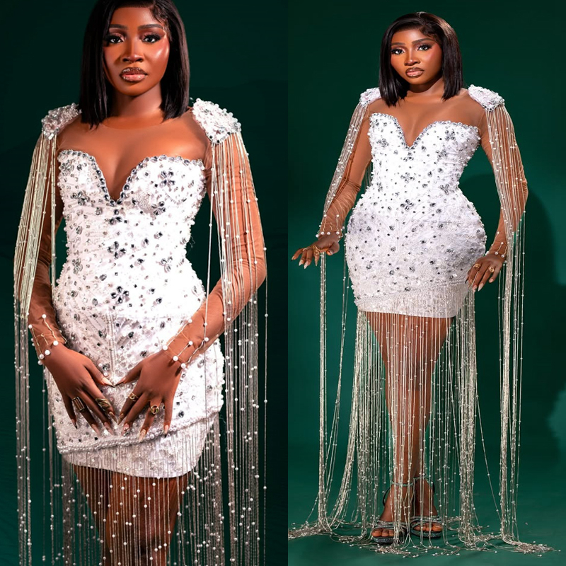 2025 Luxurious White Cocktail Dresses For Women Homecoming Dress Sheath Illusion Sheer Neck Beaded Lace Crystals Tassel Pearls Prom Dresses For Black 