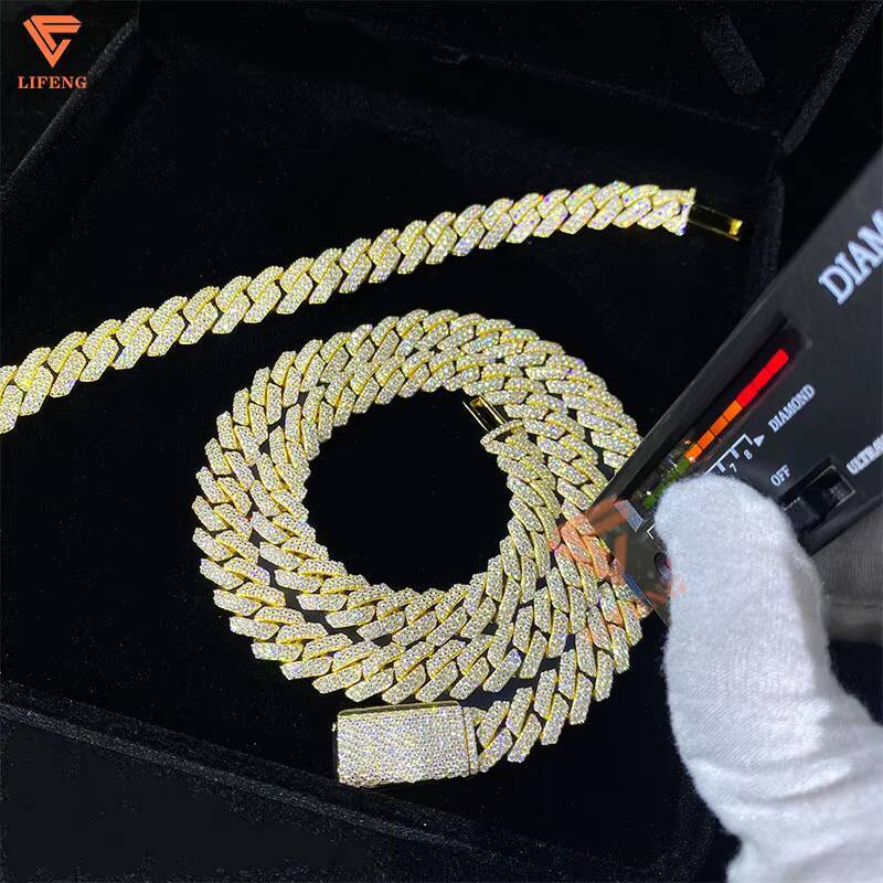 12mm 2row Gold Plated Cuban Link Chain 24in Moissanite Necklace 925 Sterling Silver Miami Jewelry for Men