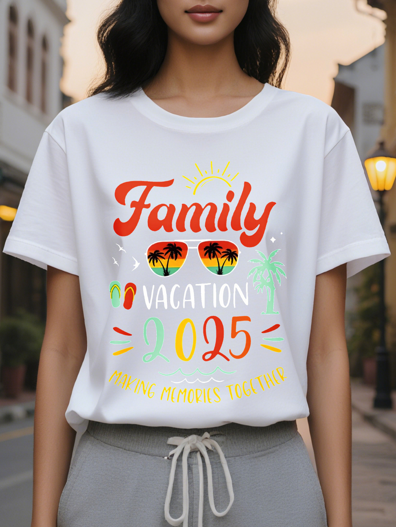 Large XL Women's Casual Graphic Print Round Neck T-Shirt Vacation Design with Palm Trees Sunset Medium Stretch Plus Size