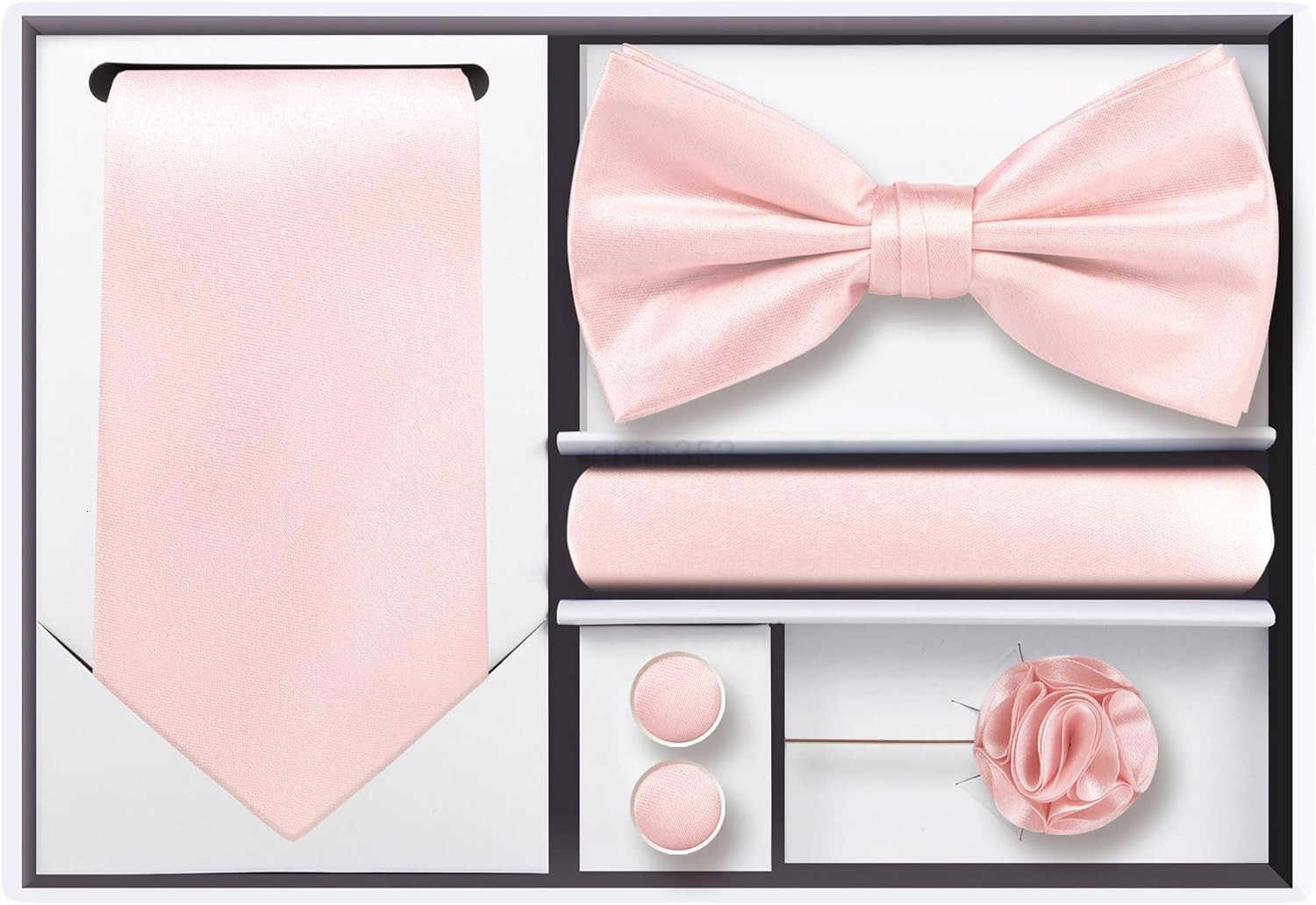 TIE G 5pcs Tie Set in WHITE OR BLACK GIFT BOX Solid Color Necktie Satin Bow Tie Pocket Square Lapel Cuff LinksW250904