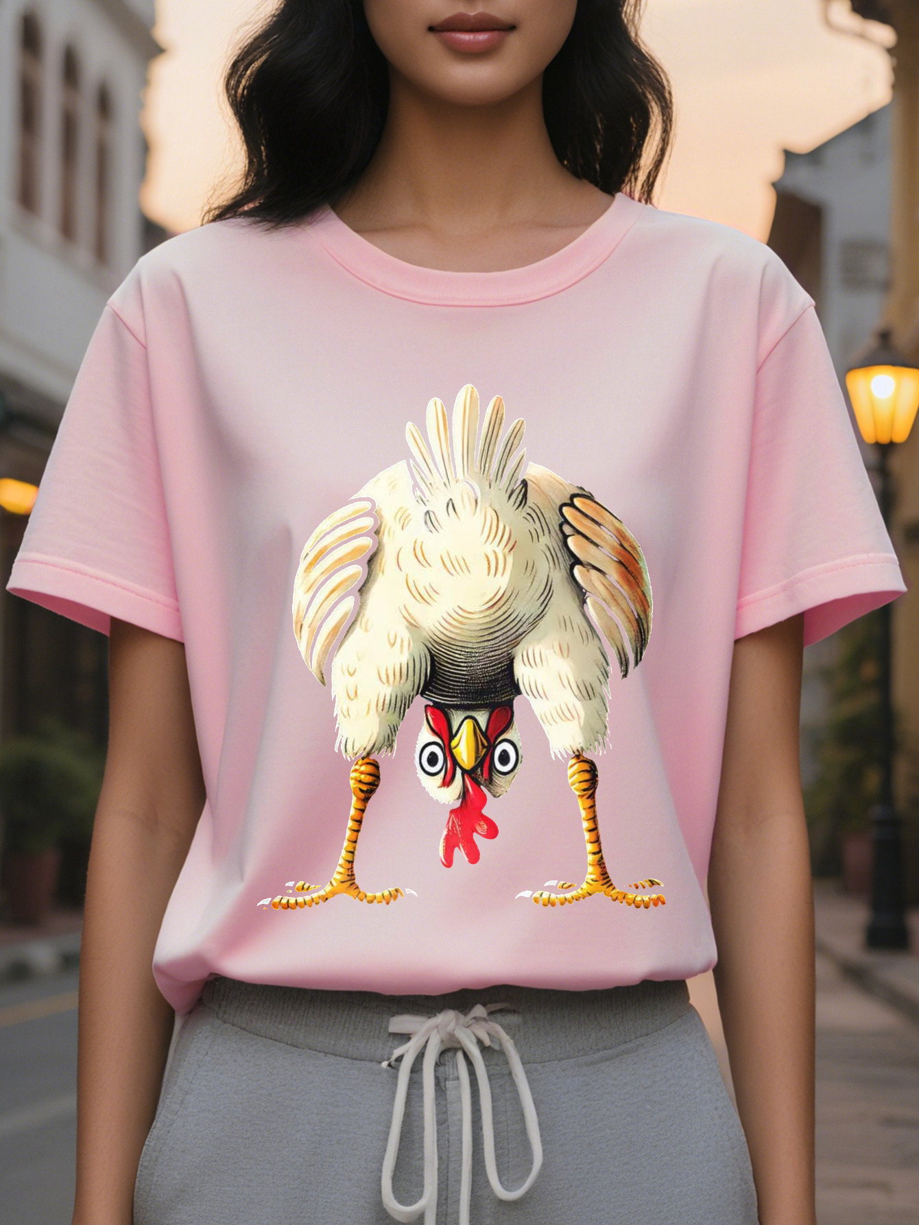 Women's Interesting Chicken Pattern Short Sleeve T-Shirt Black Round Neck Casual Jacket Cartoon Washable