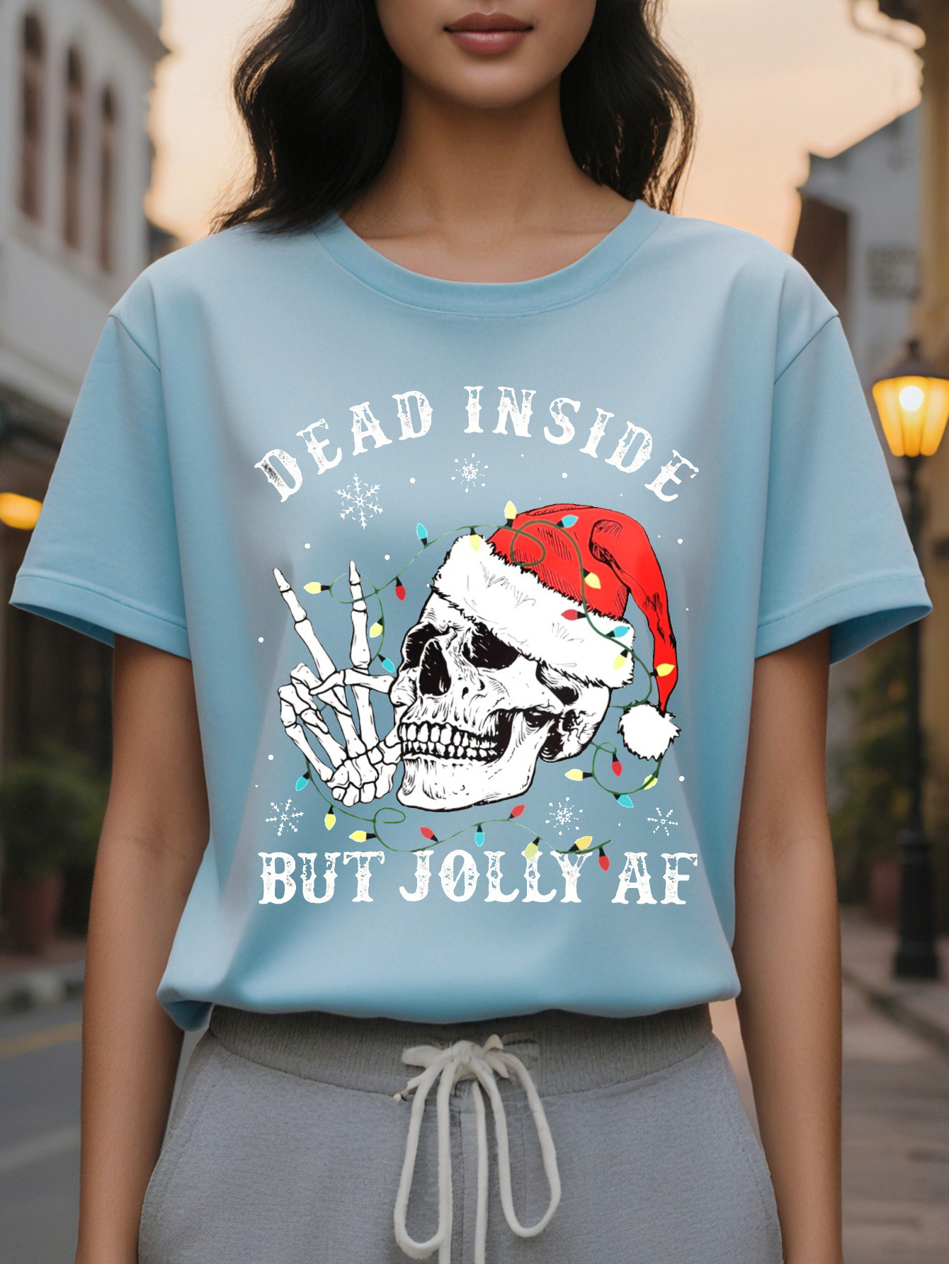 Large XL Women's Christmas Skull Print Crew Neck T-Shirt Soft Micro Elasticity Cotton Fabric Regular Length Hand Washable Plus Size