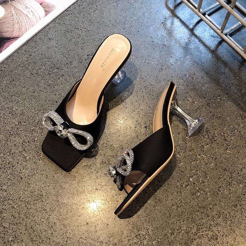 New Rhinestone Butterfly Knot Slippers Fine Heel Sandal Women Crystal Fairy Pink Blue Bow Diamond High Heel Mule Shoes for Party