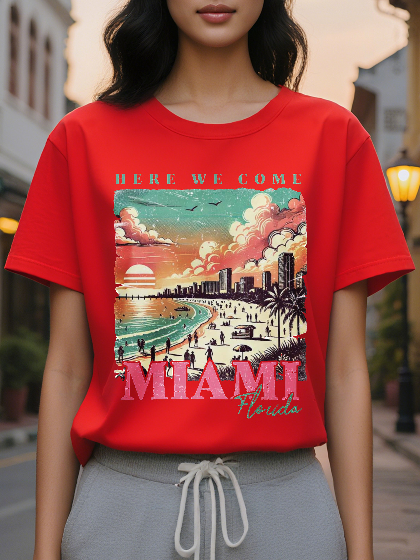Miami Florida sleeve T-shirt vivid sunset design casual round neck regular version very suitable for autumn