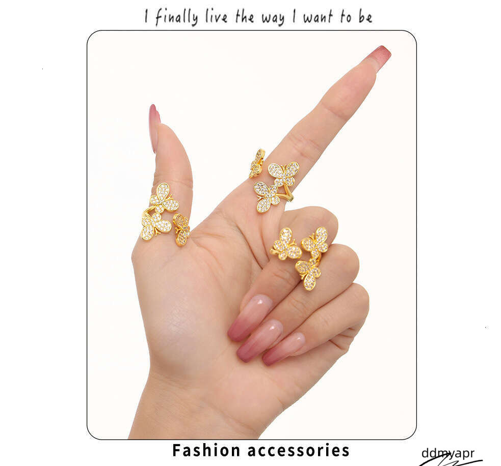 Ddmyday Gold Plated Butterfly - Open Adjustable CZ Flower Ring For Women | Dainty Bohemian Stackable Jewelry (Size 7) Ddmyday