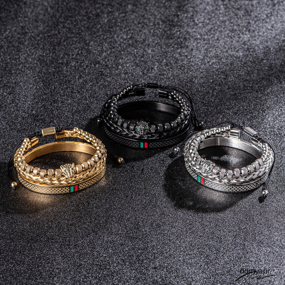 Micro Inlaid Leopard Head Bracelet Set Stainless Ddmyday Steel Red Green Striped B