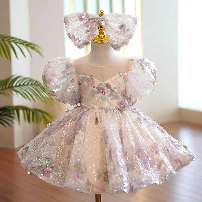 Girls Sequin Floral Princess Dress with Puff Sleeves for Special Occasions Pageants Birthdays Formal Banquets Z250904