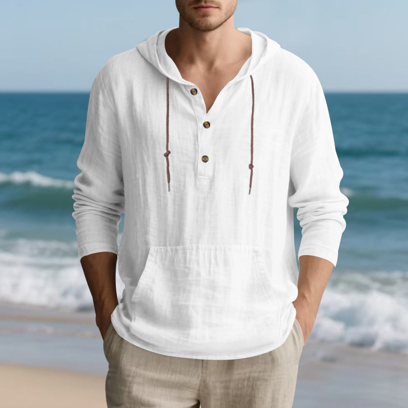 Men's Hoodie Long Sleeve Shirt Cotton Linen Blend Pullover Casual Oversized Beach T-Shirt for Fall European size: S-3XL