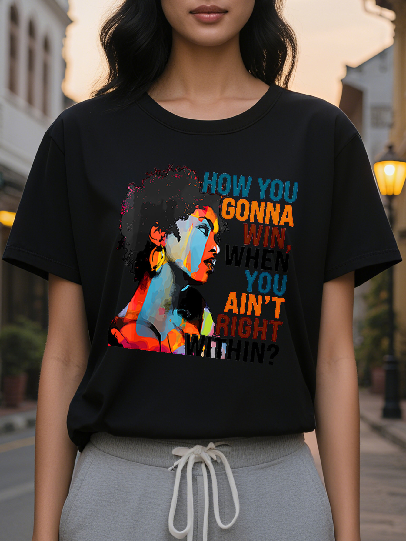 Large XL Women's Casual T-Shirt with Afro American Graffiti Portrait Print Cotton Knit Fabric Round Neck Regular Fit for Plus Size