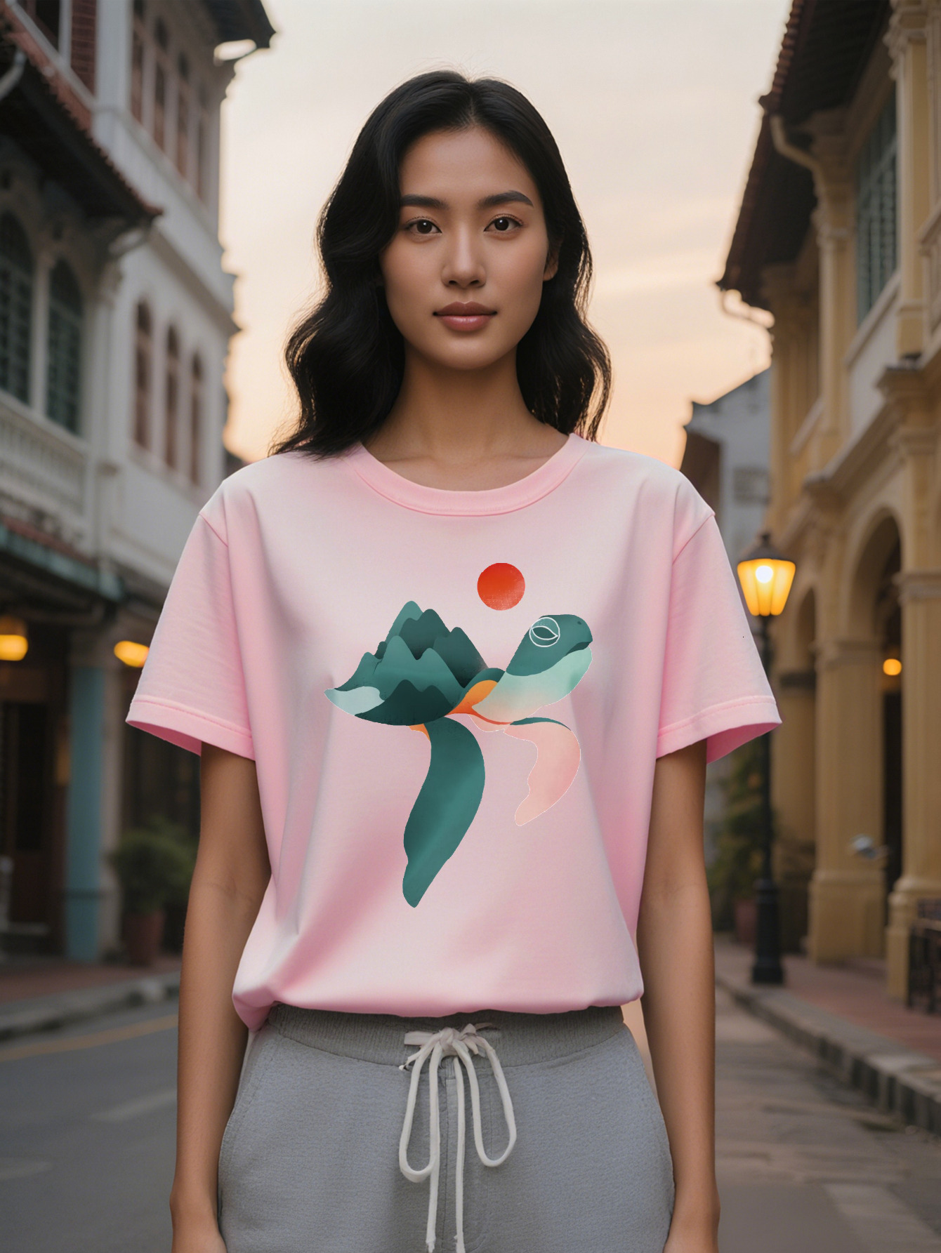 Large XL Women's Casual Graphic Tee Black Round Neck T-Shirt with Stylish Mountain Whale Design Perfect Gift for Women Summer Plus Size