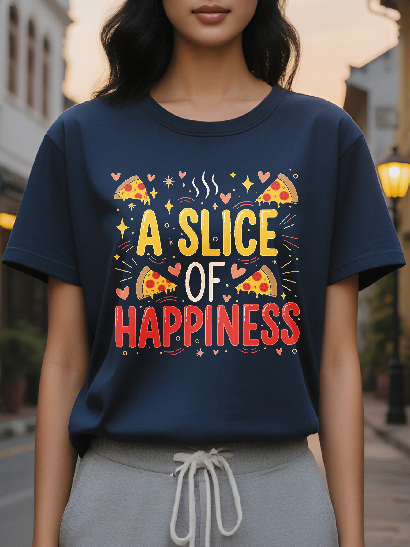 Women's Fun Pizza Lover T-shirt One pattern with pepperoni cheese casual round neck short sleeve summer top party