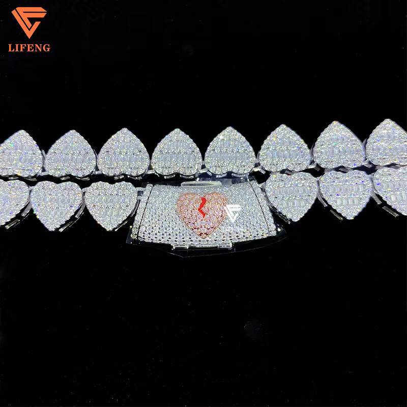 Lifeng Custom Heart Shape 10mm Cuban Link Chain Necklace for Women 925 Silver Iced Out VVS Chain Moissnaite Diamond Fine Jewelry