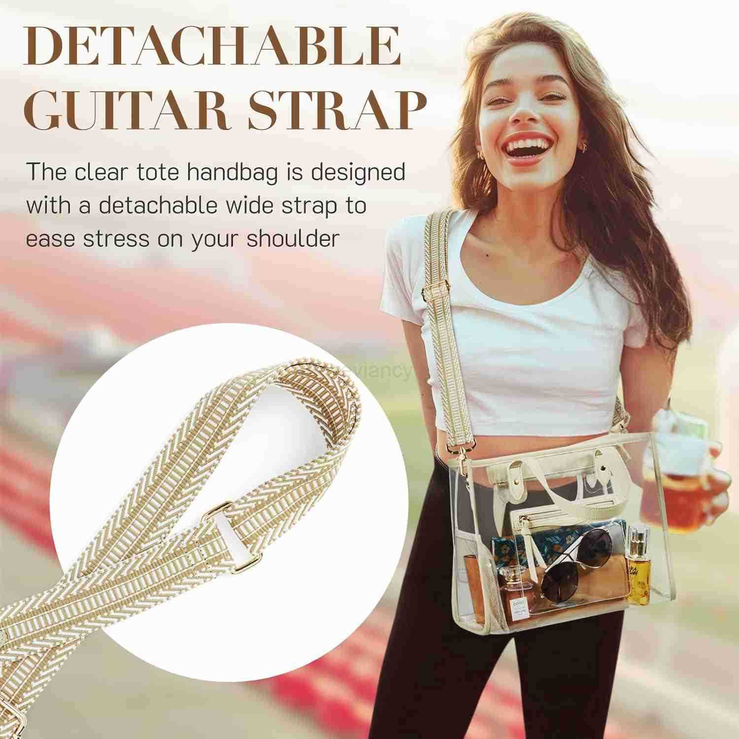 Clear Tote Bag for Women Thick PVC Clear Bag for Stadium Events with Guitar Strap Transparent for Concert BeachW250904