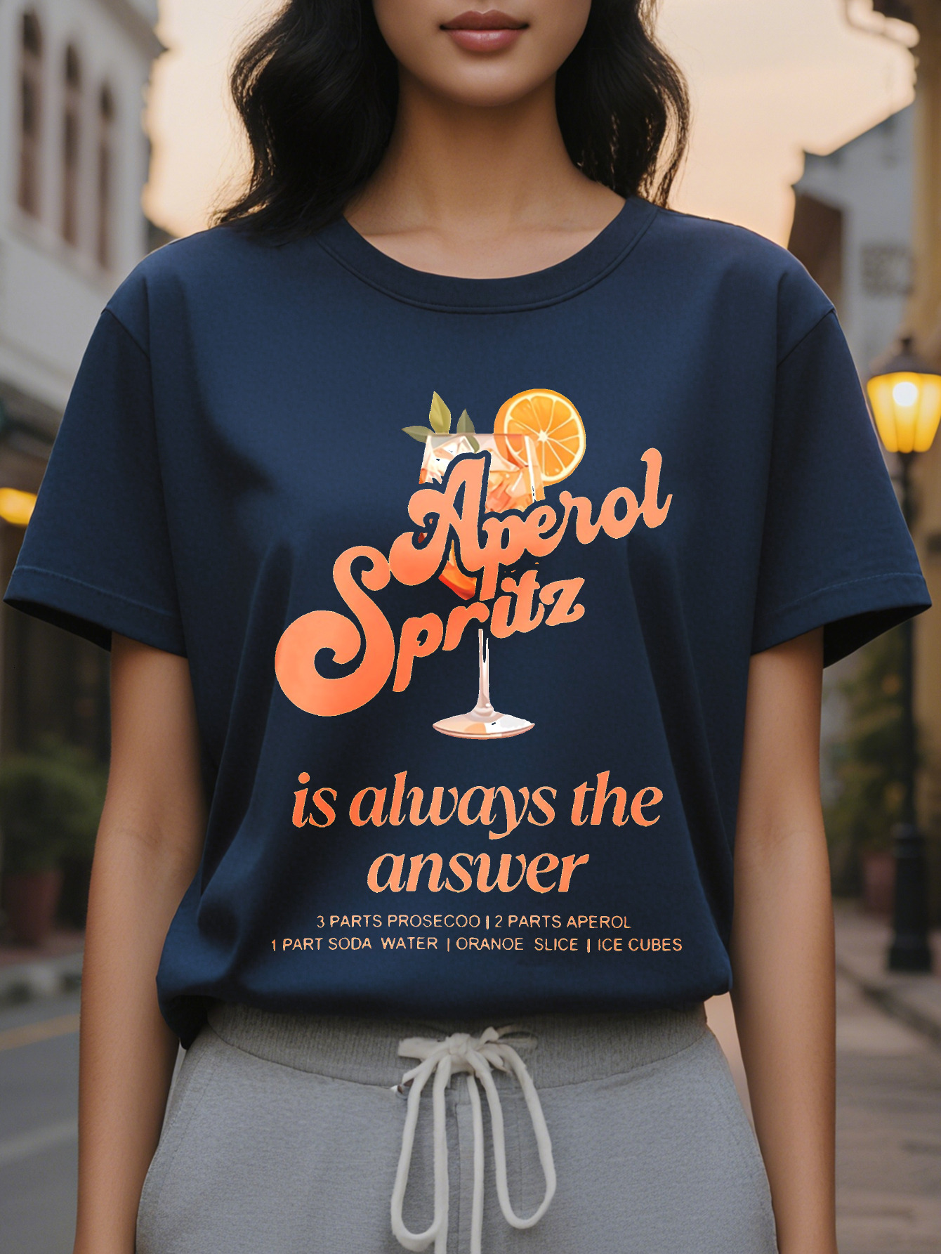 Px Aperol Spritz Pattern Women Casual Round Neck Short Sleeve T-Shirt Cotton Regular Length Spring and