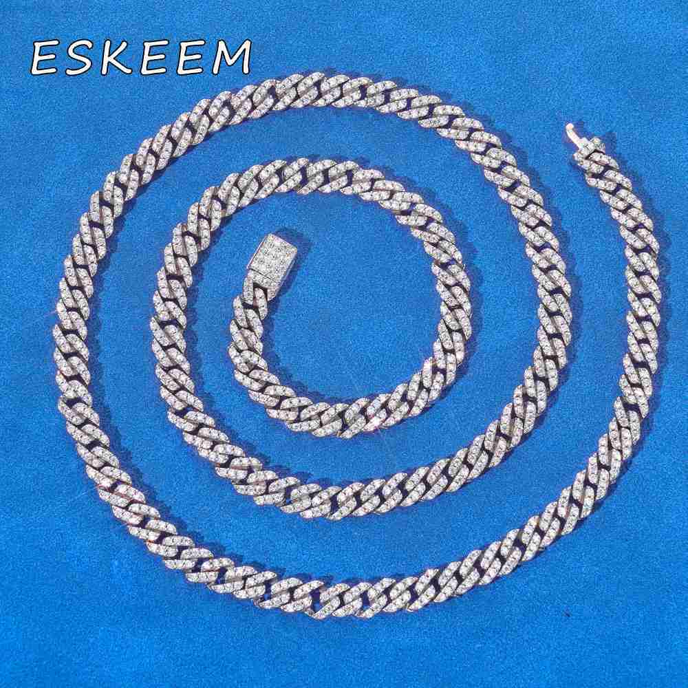 Eskeem Hip Hop Necklace S925 Silver Iced Out VVS Moissanite Cuban Link Chain 5mm Flip Buckle Single Row Thin Cuban Chain Jewelry