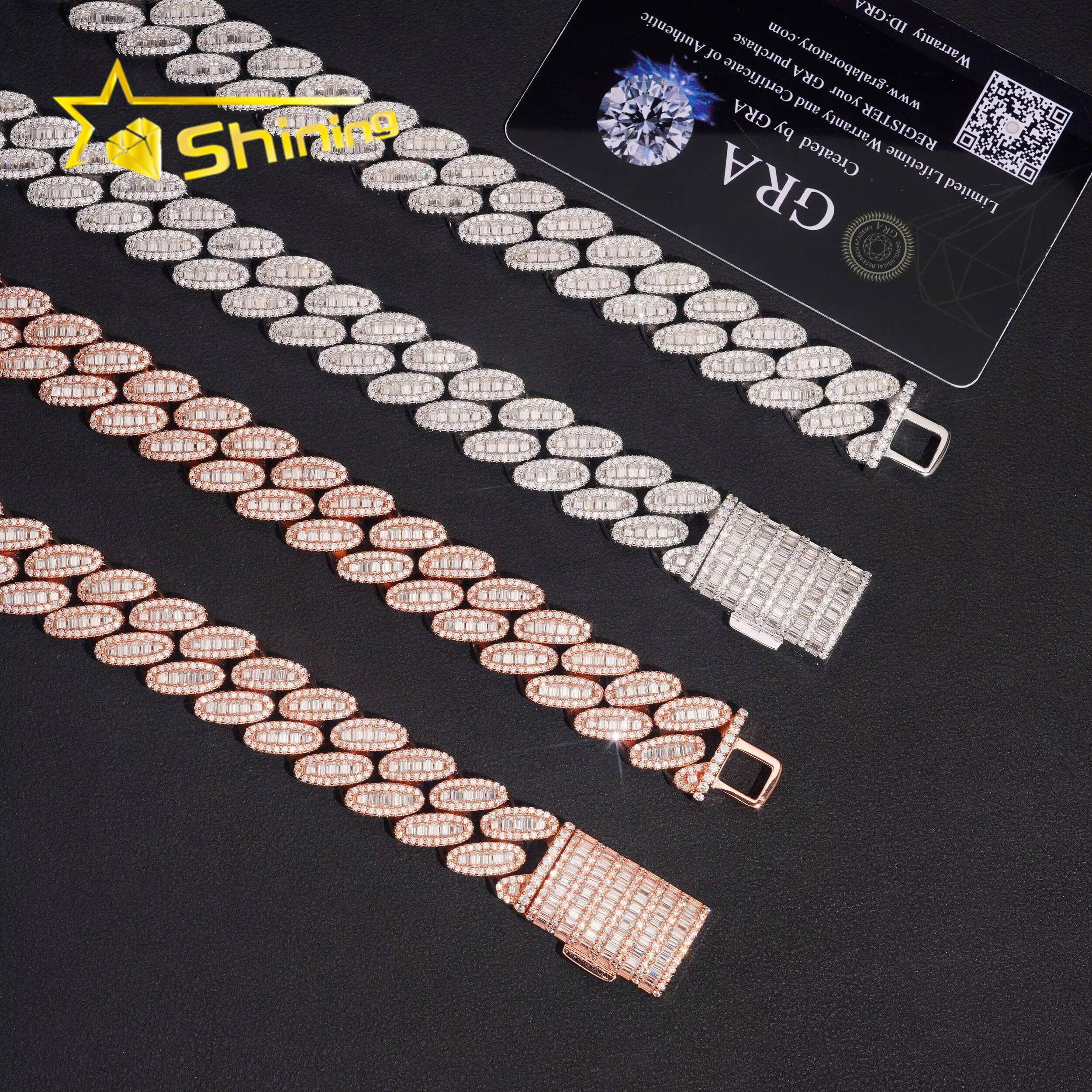925 Sterling Silver Jewelry GRA Certificate 15mm Baguette Moissanite Hip Hop Cuban Link Chains Necklace