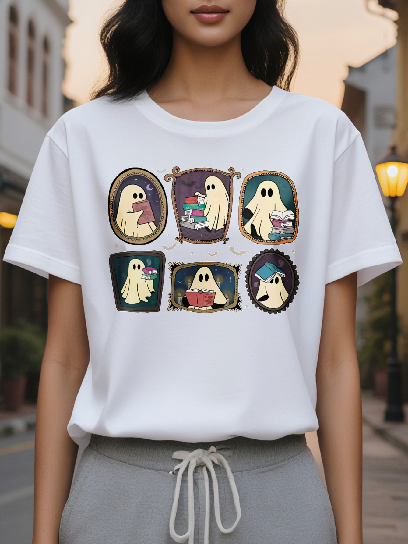 Large XL Women S Graphic T-Shirt Cute Ghosts in Grid Layout Dark Gray Casual Halloween Party Top Lightweight SpringSummer Tee Plus Size