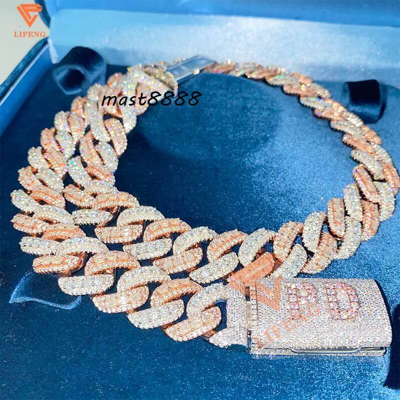 Fine Jewelry Custom 18mm Two Tone baguette Cut Mix Round Vvs Moissanite Cuban Link Chain 925 Sterling Silver Necklaces for Man