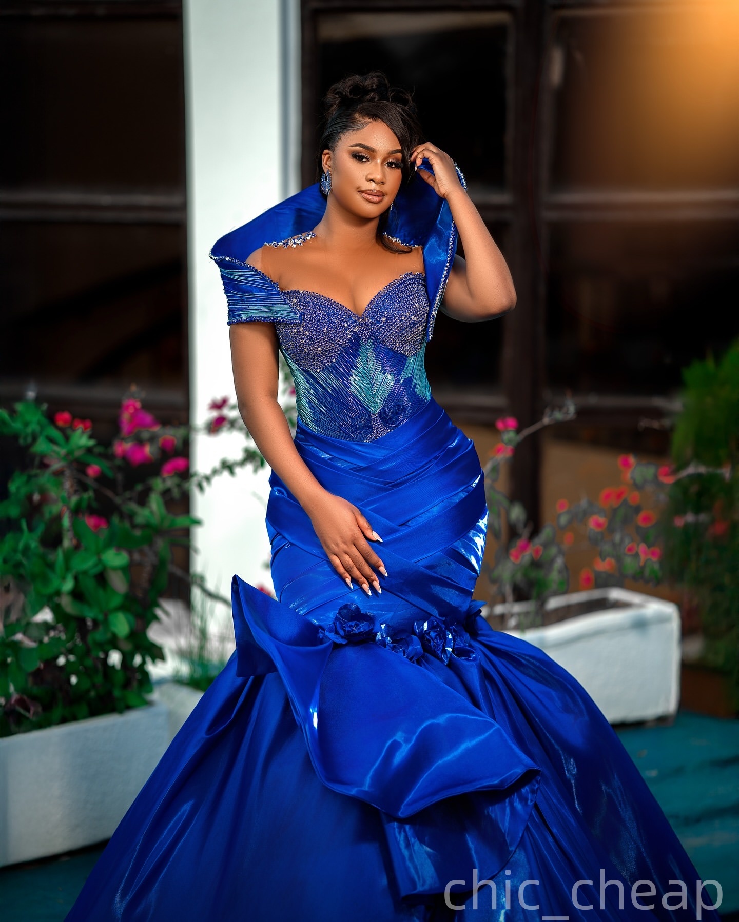 Aso Ebi Royal Blue Mermaid Prom Dress 2025 Beaded Crystals Flowers Satin Evening Formal Party Birthday Dresses Robe De Sorrie Reception Gowns For Spec