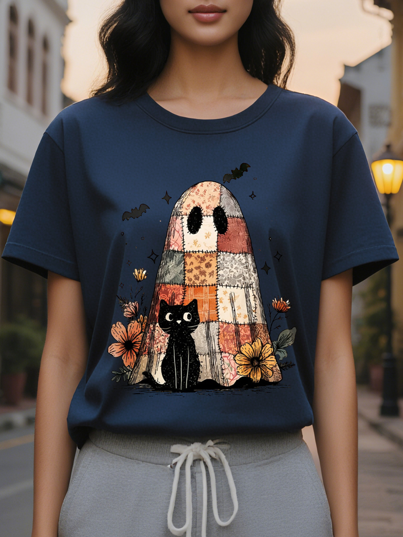 Large XL Women's Halloween Graphic Print Sweatshirt Casual Round Neck Pullover with Spooky Ghosts Bats Black Cat Design Cozy Plus Size