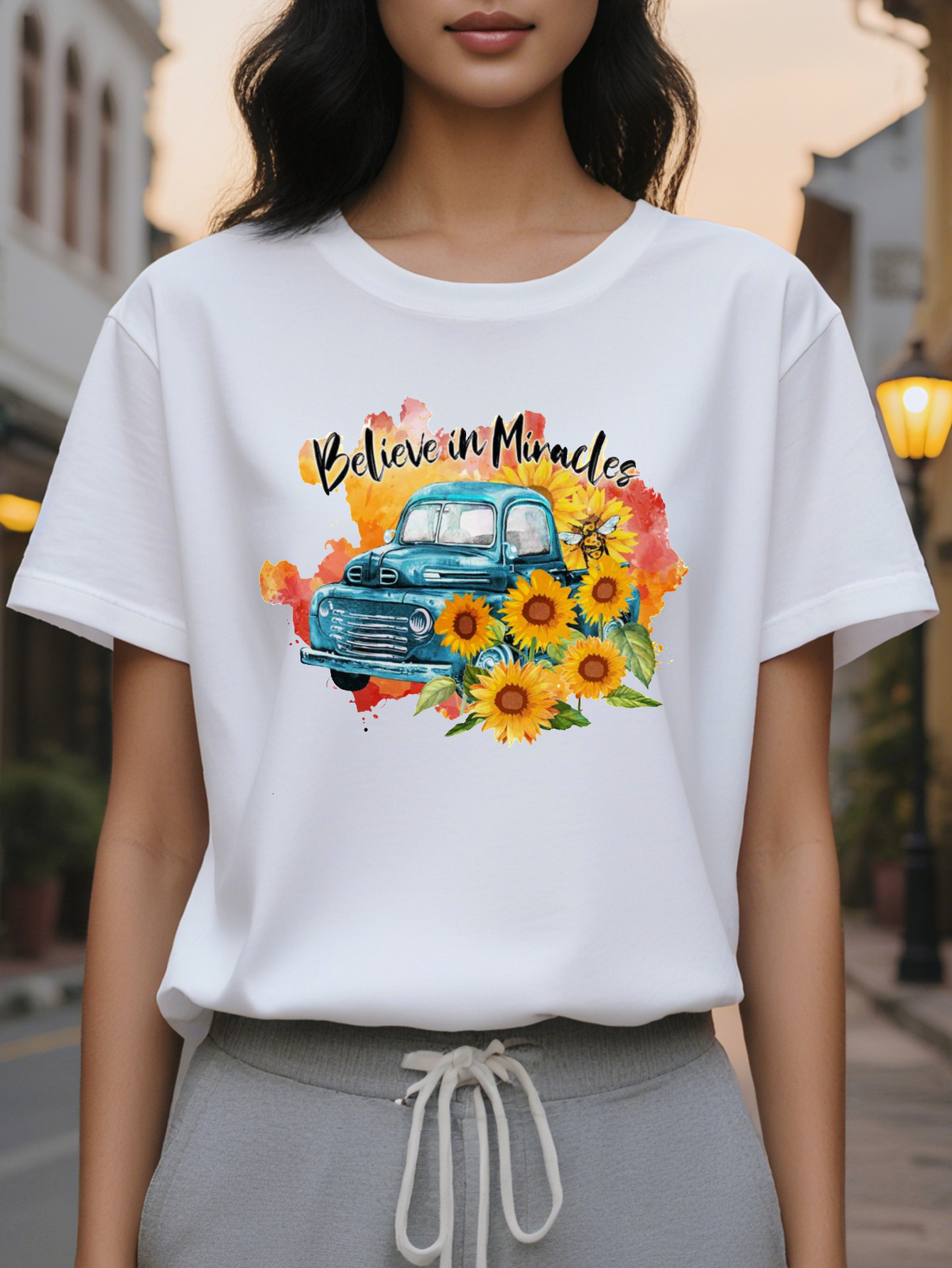 Women's Elegant Believe Miracles Pattern T-Shirt Short Sleeve Round Neck Summer Top with Vintage Car and Suower