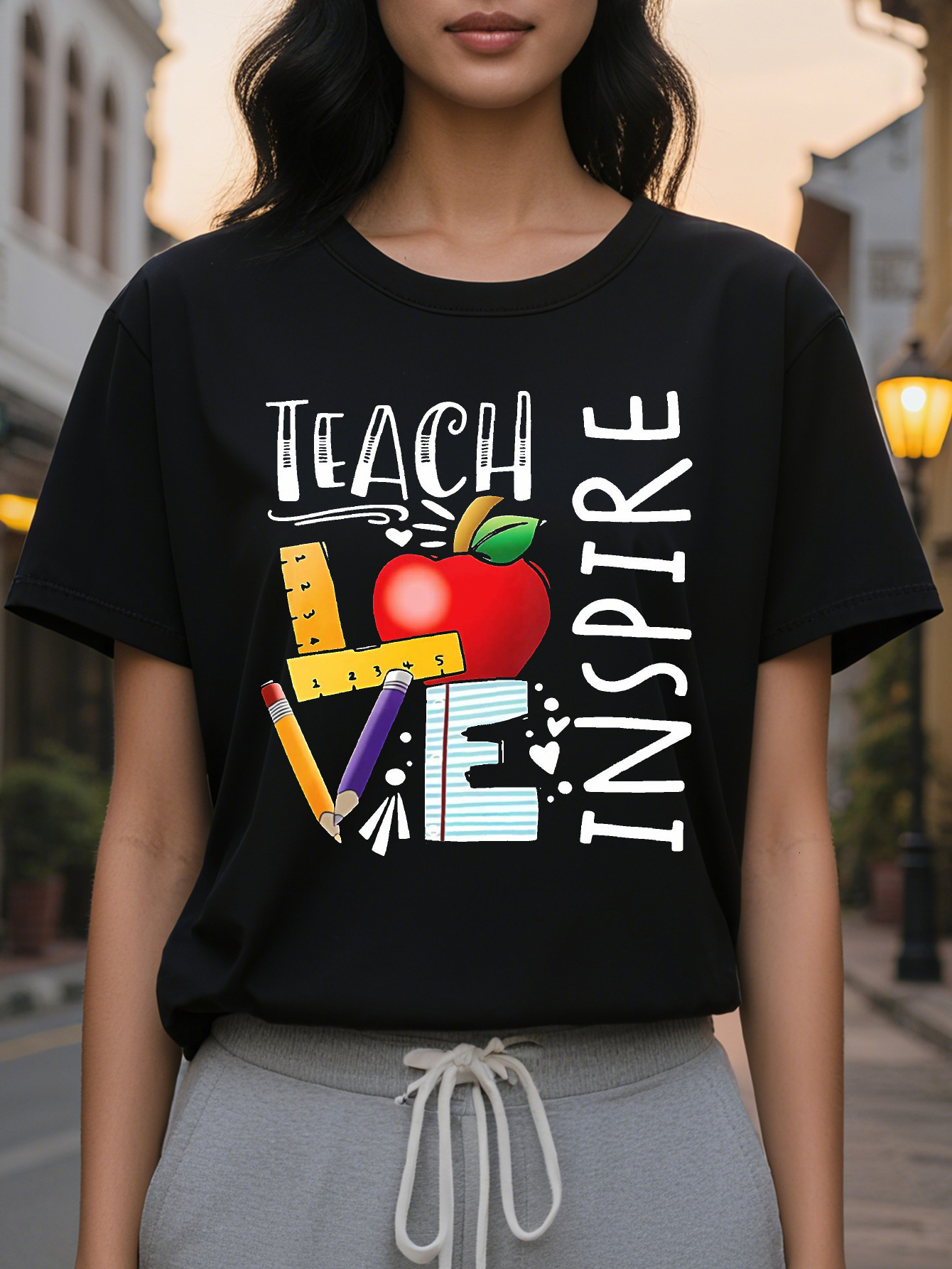 Teacher Letter Printed Short Sleeve T-Shirt Round Neck Casual Top Summer and Spring Women's Clothing