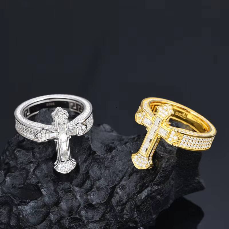 Hot Selling S925 Silver Moissanite Cross Shape Ring Super Flash t Square Diamond Ring for Men Hip Hop Style