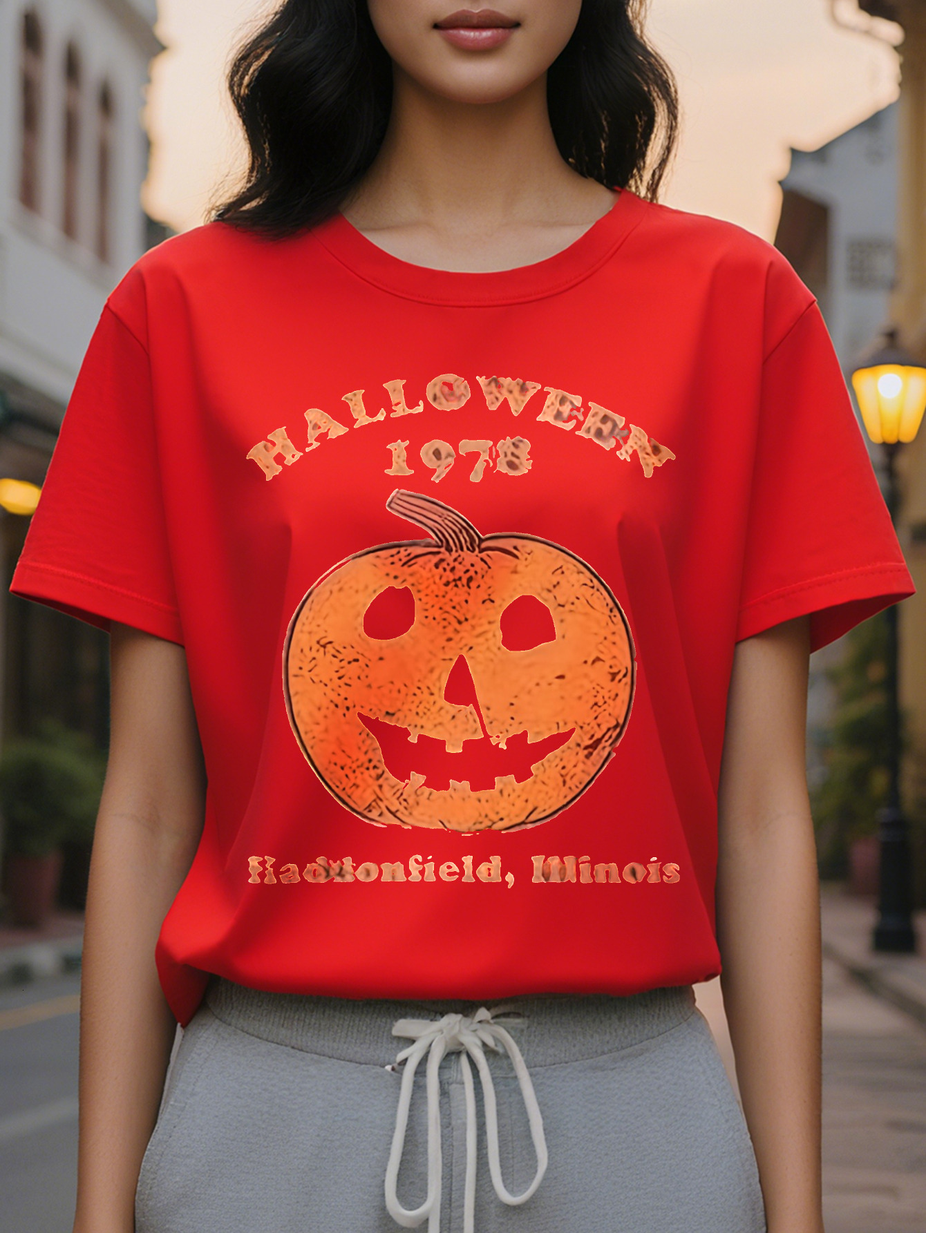 Large XL Women's Retro T-Shirt Round Neck Short Sleeve with Jack O Lantern Graphic Print Comfort Themed Parties Casual Plus Size
