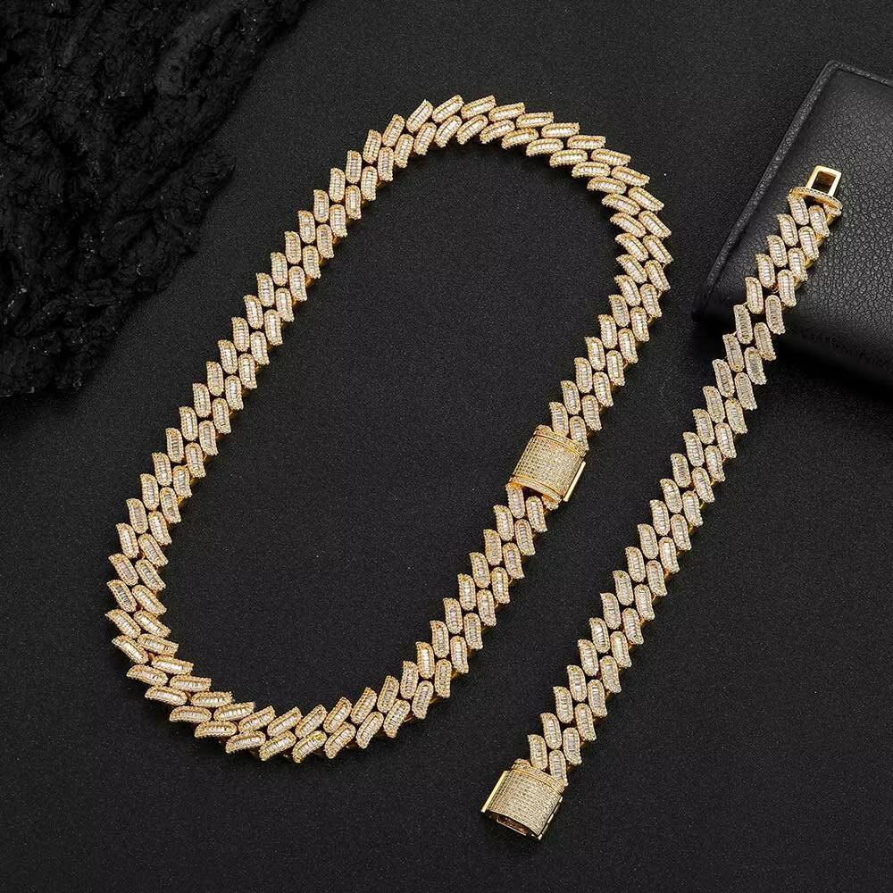 15MM Hip Hop Box Clasp Silver Ice Baguette Bling Necklace Jewelry Men Diamond Cuban Link Chain