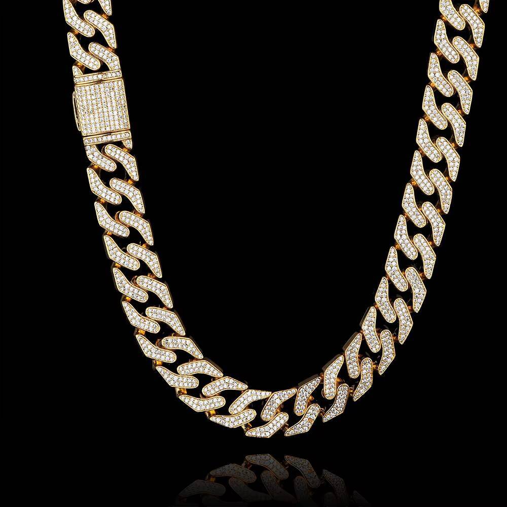 NUOYA Mens Hip Hop Jewelry 16mm Iced Out Cuban Chain Full Pave Moissanite Stone Gold Plated Cuban Link Chain Necklace