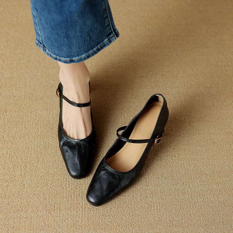 High Women's Autumn New Designer Shoe Sheepskin One-Strap Thick Heel Black French Genuine Leather Mary Jane Shoes