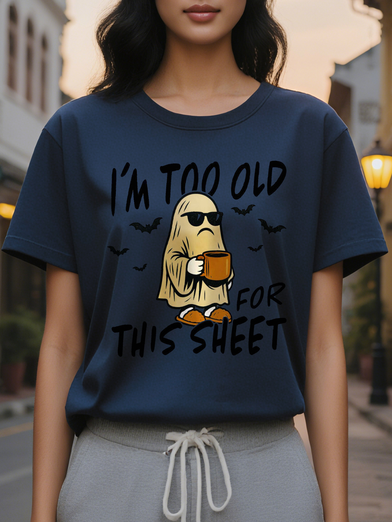 Women s I m Too Old to Fit This Sheet Pattern T Shirt White Crewneck Mystery Character Design Casual Daily and Party