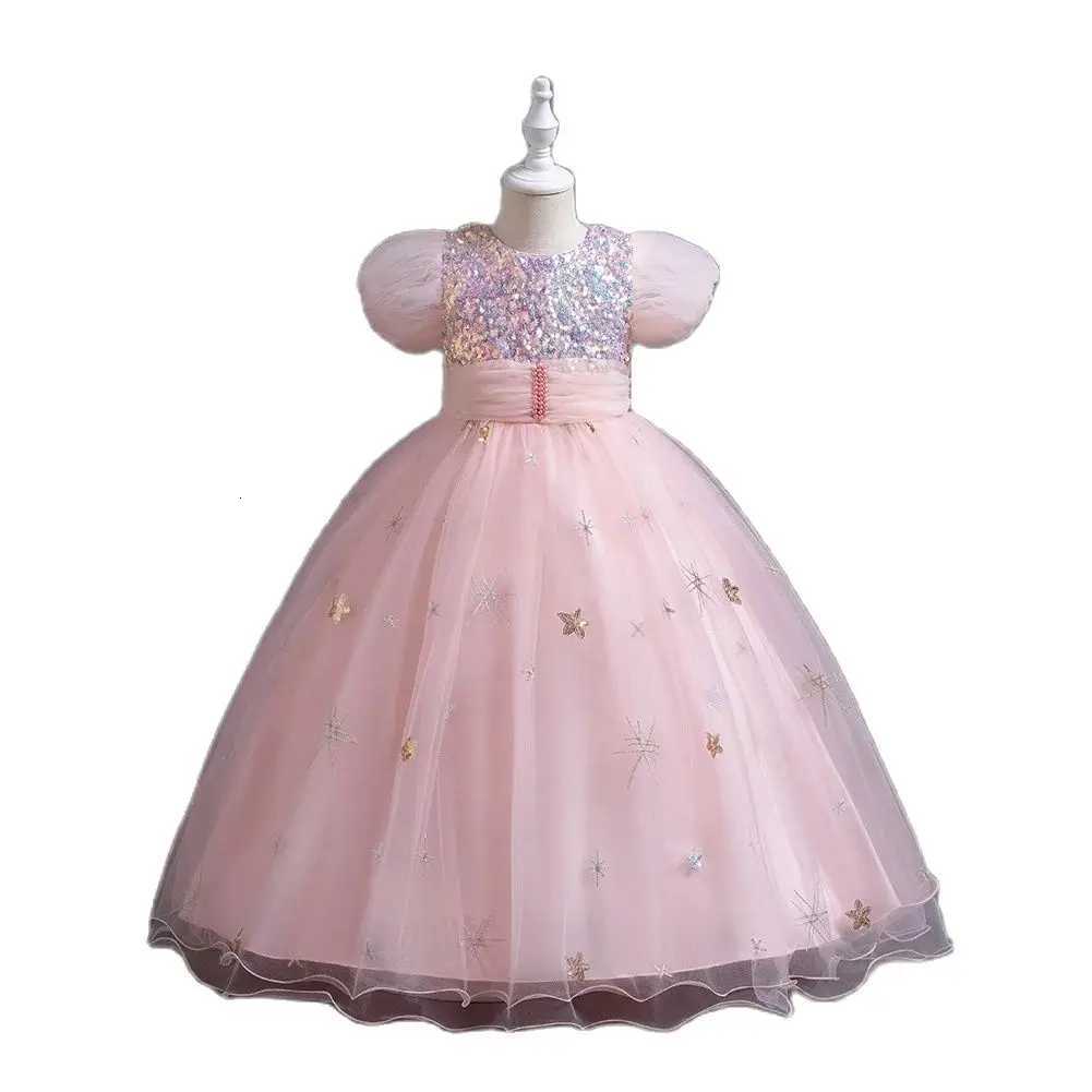 New Pink Fluffy Bubble Sleeves Girl Evening Dress Ball Party Sequin Princess Dress Birthday Dress for 4 to 12 Year Child Z250904
