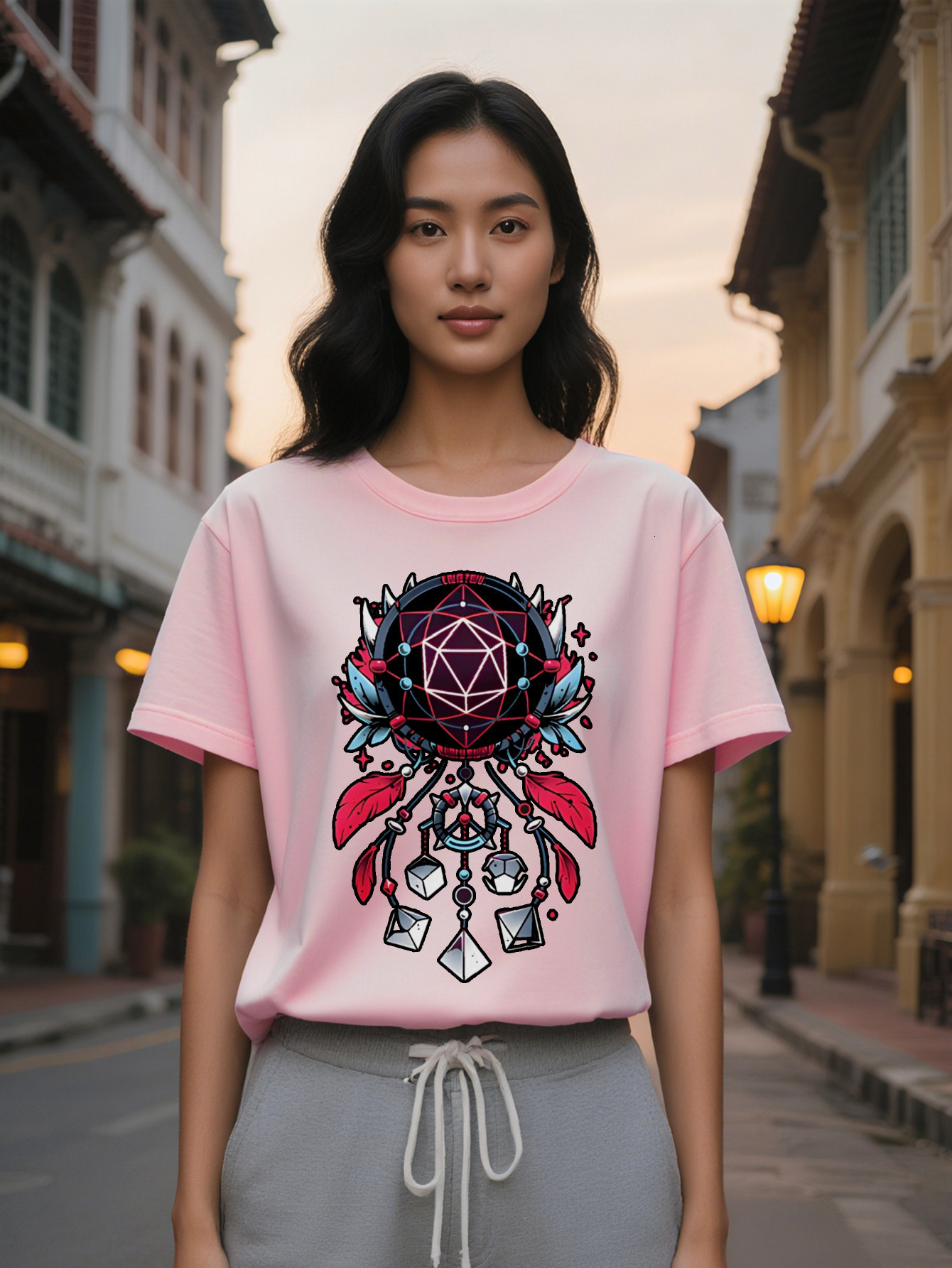 Casual Versatile Round Neck T-Shirt Geometric Polyhedron Black Border Print Pattern Top for Women Gift