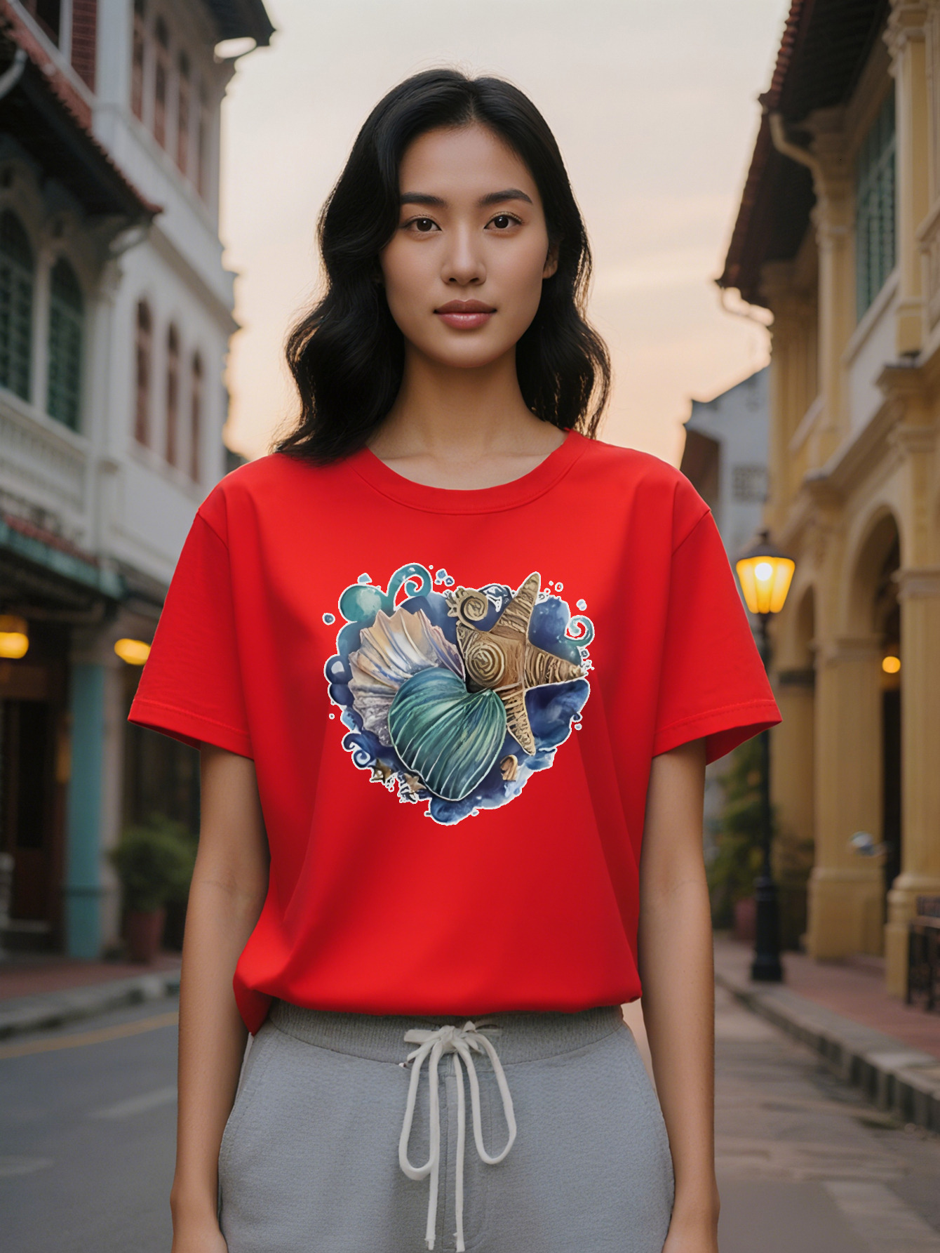 Large XL Casual Versatile Round Neck T-Shirt Green Shell and Golden Starfish Print Pattern Top Lady Gift Plus Size