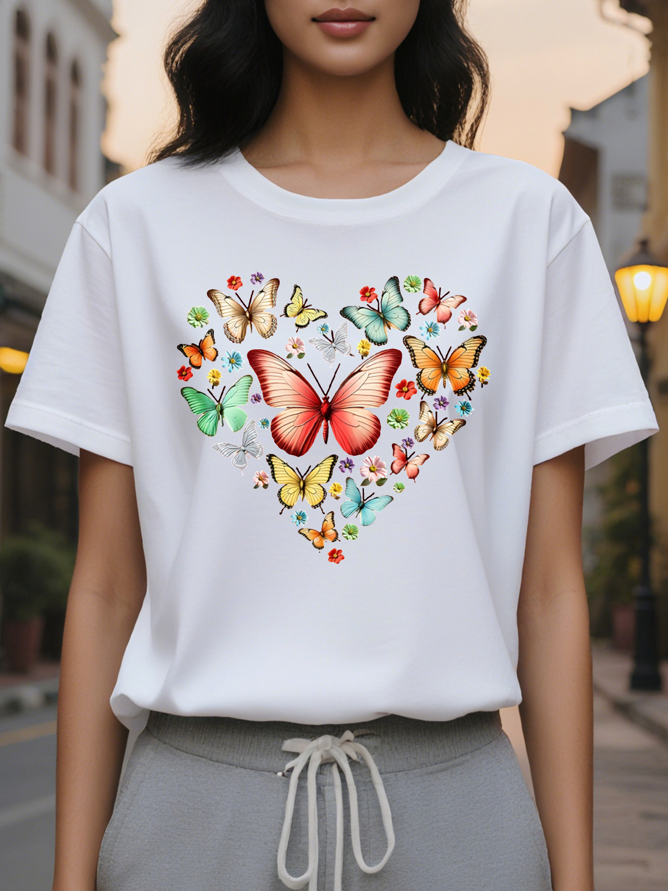 Women s Casual Short Sleeve Crew Neck T-Shirt Floral Heart Butterfly Print Soft Pink Semi Sheer H-Line Top