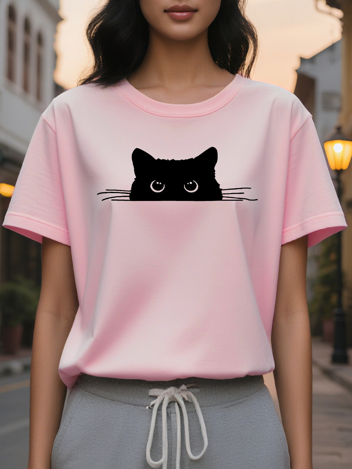 Cat Print T-Shirt Short Sleeve Round Neck Casual Top Summer And Spring Women