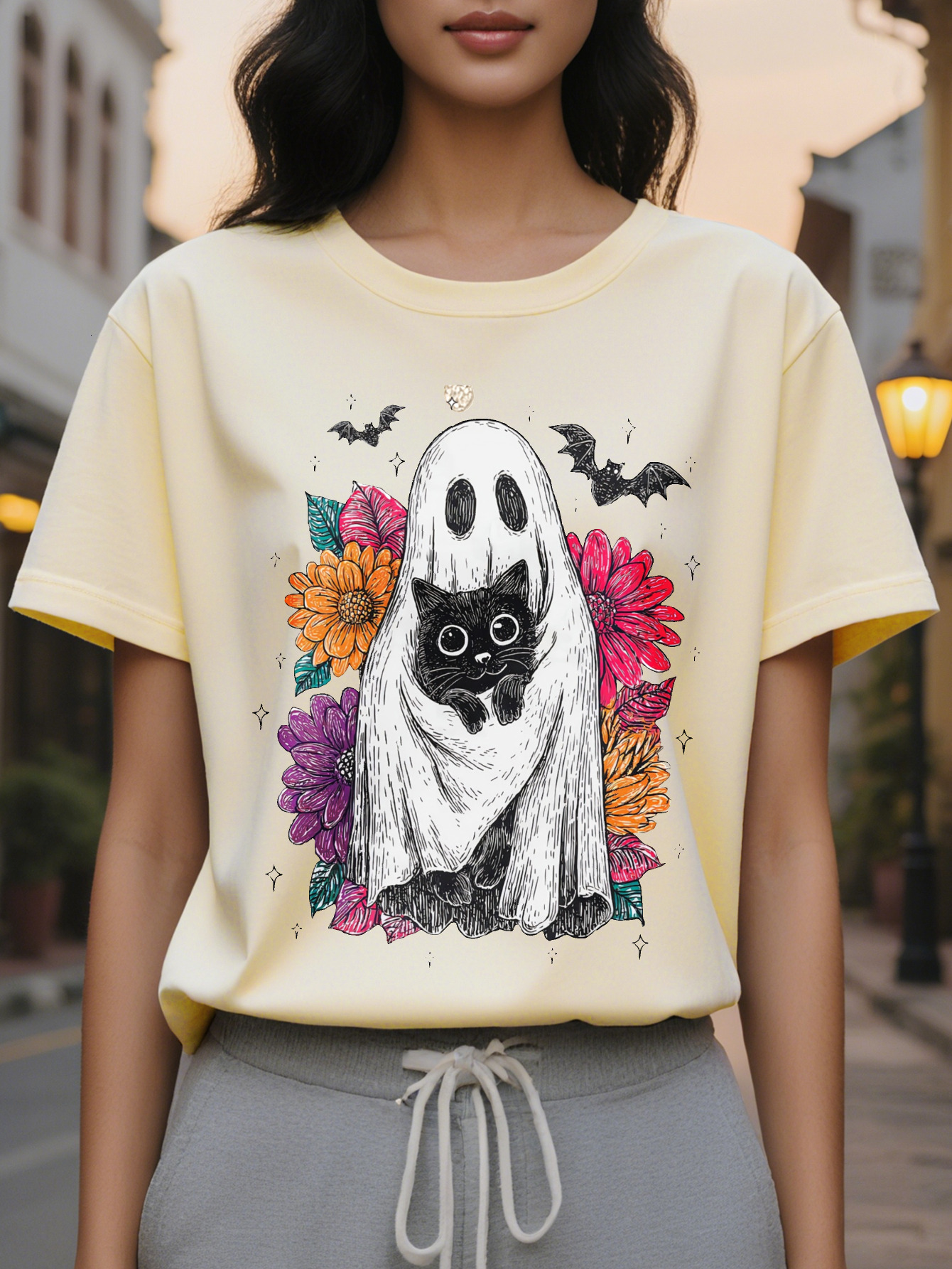 Large XL Women's Halloween Cute Black Cat Print T-Shirt Semi Sheer Round Neck Top with Bats Floral Design Spring Summer Plus Size