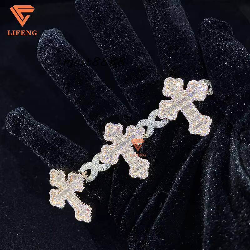 Lifeng Jewelry Ice Cross Cuban Link Chain Hiphop Baguette Out VVS Moissanite Two Tone Solid Sterling Silver Men Women Bracelet