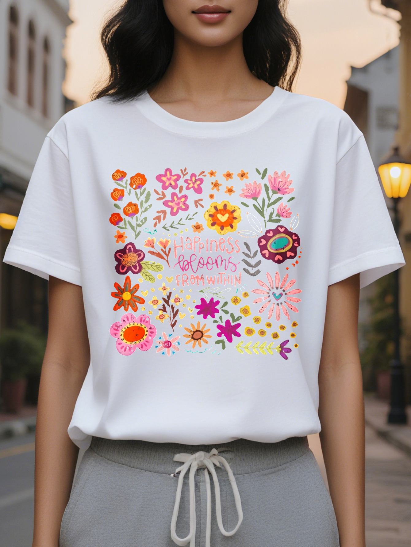 Large XL Women S Casual Floral Print Round Neck Short Sleeve T-Shirt Happiness Is Within Motivational Quote Dark Gray With Plus Size