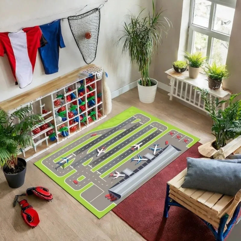 Kids Play Area Rugs Airport Landing Strips Top View Aircraft and Airplane Arrival Carpet Kids Bedroom Playroom Nursery 3D Decor 250903